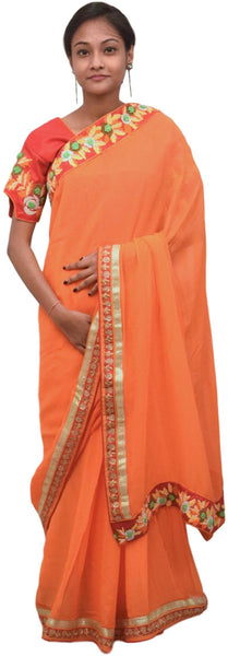 Orange Designer Wedding Partywear Georgette (Viscos) Thread Pearl Zari Hand Embroidery Work Bridal Saree Sari With Ready To Wear Blouse E108