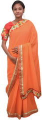Orange Designer Wedding Partywear Georgette (Viscos) Thread Pearl Zari Hand Embroidery Work Bridal Saree Sari With Ready To Wear Blouse E108