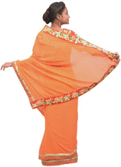 Orange Designer Wedding Partywear Georgette (Viscos) Thread Pearl Zari Hand Embroidery Work Bridal Saree Sari With Ready To Wear Blouse E108
