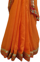 Orange Designer Wedding Partywear Georgette (Viscos) Thread Pearl Zari Hand Embroidery Work Bridal Saree Sari With Ready To Wear Blouse E108
