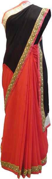 Black & Red Designer Wedding Partywear Georgette (Viscos) Thread Beads Pearl Stone Hand Embroidery Work Bridal Saree Sari E113