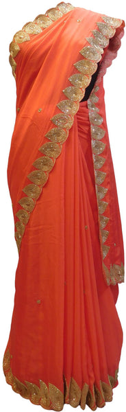 Red Designer Wedding Partywear Crepe (Chinon) Zari Cutdana Beads Sequence Hand Embroidery Work Bridal Saree Sari E115