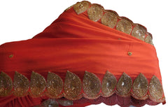 Red Designer Wedding Partywear Crepe (Chinon) Zari Cutdana Beads Sequence Hand Embroidery Work Bridal Saree Sari E115