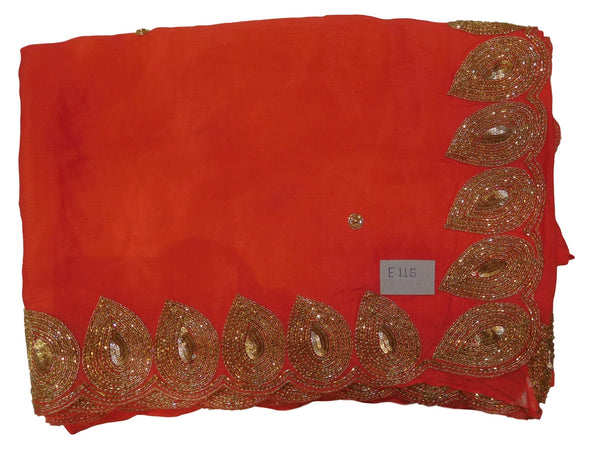 Red Designer Wedding Partywear Crepe (Chinon) Zari Cutdana Beads Sequence Hand Embroidery Work Bridal Saree Sari E115