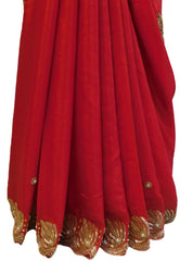 Red Designer Wedding Partywear Crepe (Chinon) Zari Cutdana Beads Pearl Hand Embroidery Work Bridal Saree Sari E116