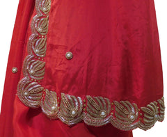 Red Designer Wedding Partywear Crepe (Chinon) Zari Cutdana Beads Pearl Hand Embroidery Work Bridal Saree Sari E116