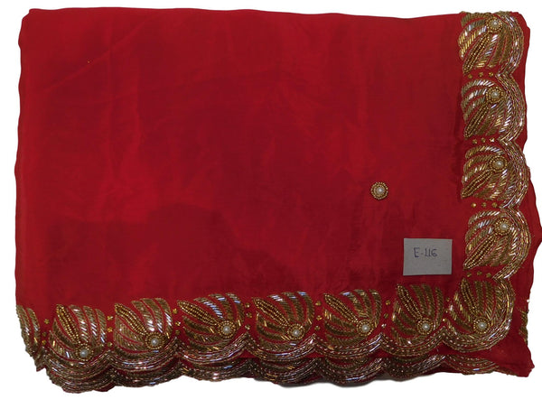 Red Designer Wedding Partywear Crepe (Chinon) Zari Cutdana Beads Pearl Hand Embroidery Work Bridal Saree Sari E116