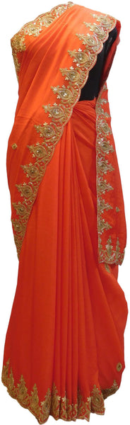 Red Designer Wedding Partywear Crepe (Chinon) Zari Cutdana Beads Sequence Hand Embroidery Work Bridal Saree Sari E117