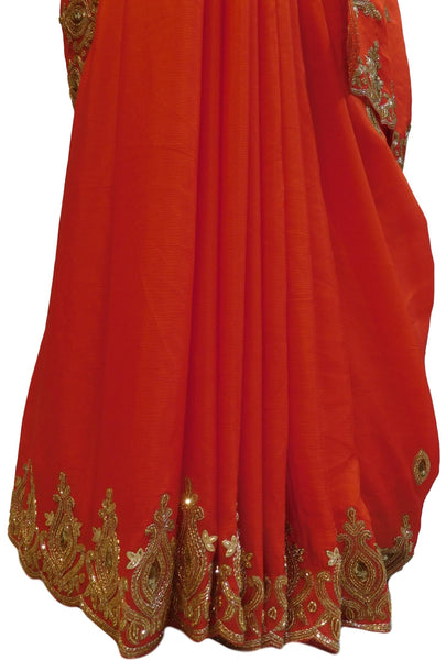 Red Designer Wedding Partywear Crepe (Chinon) Zari Cutdana Beads Sequence Hand Embroidery Work Bridal Saree Sari E117