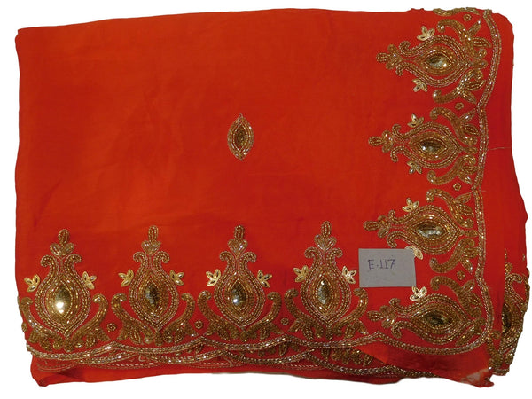 Red Designer Wedding Partywear Crepe (Chinon) Zari Cutdana Beads Sequence Hand Embroidery Work Bridal Saree Sari E117