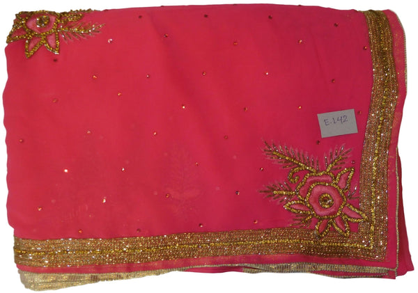Pink Designer Wedding Partywear Georgette Hand Embroidery Cutdana Zari Thread Stone Work Kolkata Saree Sari E142