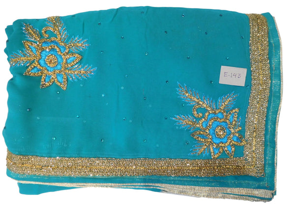 Turquoise Designer Wedding Partywear Georgette Hand Embroidery Cutdana Zari Thread Stone Work Kolkata Saree Sari E143