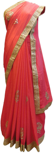 Pink Designer Wedding Partywear Crepe (Chinon) Hand Embroidery Gota Zari Pearl Work Kolkata Saree Sari E144