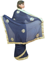 Blue Designer Wedding Partywear Crepe (Chinon) Hand Embroidery Gota Zari Pearl Work Kolkata Saree Sari E145