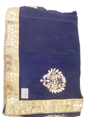 Blue Designer Wedding Partywear Crepe (Chinon) Hand Embroidery Gota Zari Pearl Work Kolkata Saree Sari E145