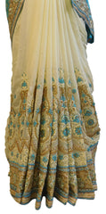 Turquoise & Cream Designer Wedding Partywear Georgette Hand Embroidery Zari Cutdana Stone Thread Work Kolkata Saree Sari E149