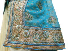 Turquoise & Cream Designer Wedding Partywear Georgette Hand Embroidery Zari Cutdana Stone Thread Work Kolkata Saree Sari E149