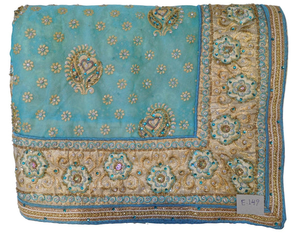 Turquoise & Cream Designer Wedding Partywear Georgette Hand Embroidery Zari Cutdana Stone Thread Work Kolkata Saree Sari E149