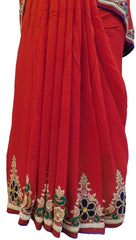 Red Designer Wedding Partywear Georgette (Viscos) Beads Zari Thread Cutdana Bullion Stone Hand Embroidery Work Bridal Saree Sari E152