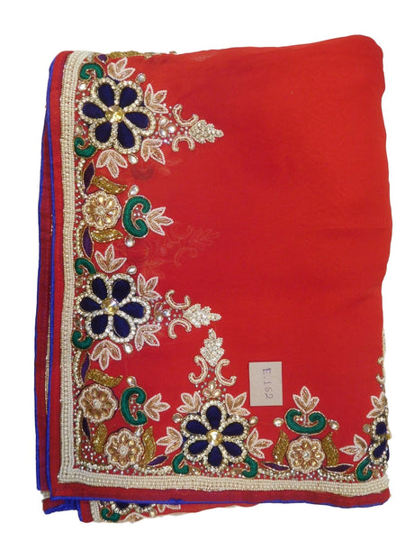 Red Designer Wedding Partywear Georgette (Viscos) Beads Zari Thread Cutdana Bullion Stone Hand Embroidery Work Bridal Saree Sari E152
