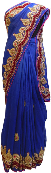 Blue Designer Wedding Partywear Georgette (Viscos) Beads Zari Thread Cutdana Bullion Stone Hand Embroidery Work Bridal Saree Sari E153