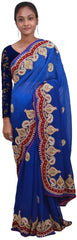 Blue Designer Wedding Partywear Georgette (Viscos) Beads Zari Thread Cutdana Bullion Stone Hand Embroidery Work Bridal Saree Sari E153