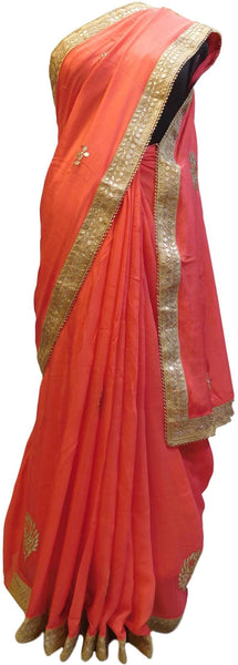 Pink Designer Wedding Partywear Crepe (Chinon) Hand Embroidery Gota Zari Pearl Work Kolkata Saree Sari E157