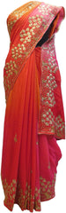 Pink & Orange Designer Wedding Partywear Crepe (Chinon) Hand Embroidery Sequence Zari Cutdana Work Kolkata Saree Sari E158