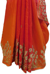 Pink & Orange Designer Wedding Partywear Crepe (Chinon) Hand Embroidery Sequence Zari Cutdana Work Kolkata Saree Sari E159