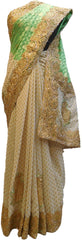 Green & Cream Designer PartyWear Brasso & Georgette Cutdana Pearl Thread Zari Stone Work Saree Sari E160