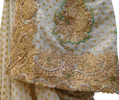 Green & Cream Designer PartyWear Brasso & Georgette Cutdana Pearl Thread Zari Stone Work Saree Sari E160