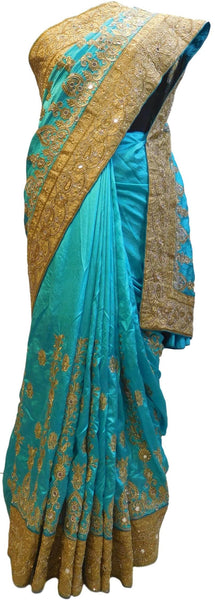 Turquoise Designer Wedding Partywear Silk Hand Embroidery Zari Cutdana Stone Thread Work Kolkata Saree Sari E162