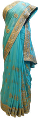 Turquoise Designer Wedding Partywear Georgette Hand Embroidery Zari Cutdana Stone Thread Work Kolkata Saree Sari E163