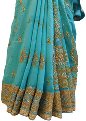 Turquoise Designer Wedding Partywear Georgette Hand Embroidery Zari Cutdana Stone Thread Work Kolkata Saree Sari E163