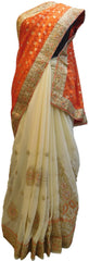 Orange & Cream Designer PartyWear Brasso & Georgette Cutdana Pearl Thread Zari Stone Work Saree Sari E164