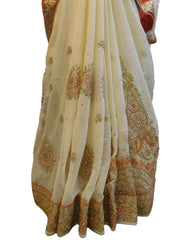 Orange & Cream Designer PartyWear Brasso & Georgette Cutdana Pearl Thread Zari Stone Work Saree Sari E164