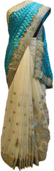 Turquoise & Cream Designer PartyWear Brasso & Georgette Cutdana Pearl Thread Zari Stone Work Saree Sari E165