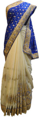 Blue & Cream Designer PartyWear Brasso & Georgette Cutdana Pearl Thread Zari Stone Work Saree Sari E166