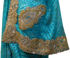 Turquoise Designer PartyWear Brasso Thread Zari Stone Work Saree Sari E168