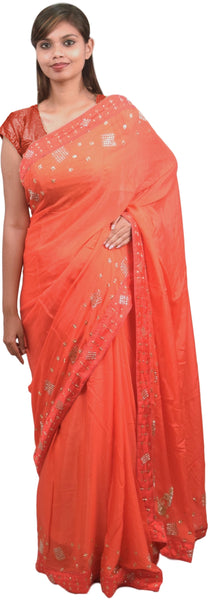 Orange Designer Wedding Partywear Crepe (Chinon) Hand Embroidery Thread Stone Sequence Zari Cutdana Work Kolkata Saree Sari E170