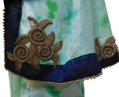 White Green Tie & Die Designer Wedding Partywear Crepe (Chinon) Hand Embroidery Beads Zari Cutdana Stone Work Kolkata Saree Sari With Ready To Wear Stitched Blouse E179