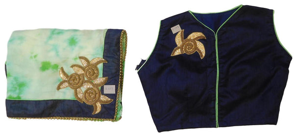 White Green Tie & Die Designer Wedding Partywear Crepe (Chinon) Hand Embroidery Beads Zari Cutdana Stone Work Kolkata Saree Sari With Ready To Wear Stitched Blouse E179