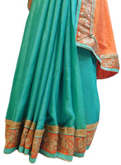 Orange & Turquoise Designer Wedding Partywear Crepe (Chinon) Hand Embroidery Sequence Zari Cutdana Stone Work Kolkata Saree Sari E181