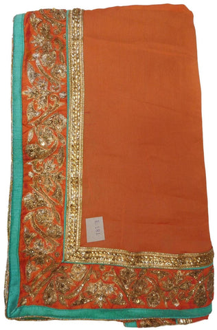 Orange & Turquoise Designer Wedding Partywear Crepe (Chinon) Hand Embroidery Sequence Zari Cutdana Stone Work Kolkata Saree Sari E181