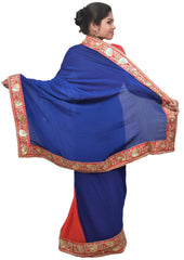 Blue & Red Designer Wedding Partywear Crepe (Chinon) Hand Embroidery Sequence Zari Pearl Stone Work Kolkata Saree Sari E182