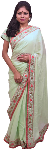 Green Designer Wedding Partywear Crepe (Chinon) Hand Embroidery Sequence Thread Bullion Cutdana Work Kolkata Saree Sari With Ready To Wear Stitched Blouse E184