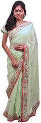 Green Designer Wedding Partywear Crepe (Chinon) Hand Embroidery Sequence Thread Bullion Cutdana Work Kolkata Saree Sari With Ready To Wear Stitched Blouse E184