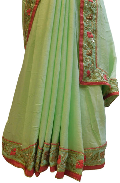 Green Designer Wedding Partywear Crepe (Chinon) Hand Embroidery Sequence Thread Bullion Cutdana Work Kolkata Saree Sari With Ready To Wear Stitched Blouse E184