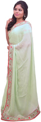 Green Designer Wedding Partywear Crepe (Chinon) Hand Embroidery Sequence Thread Bullion Cutdana Work Kolkata Saree Sari With Ready To Wear Stitched Blouse E184