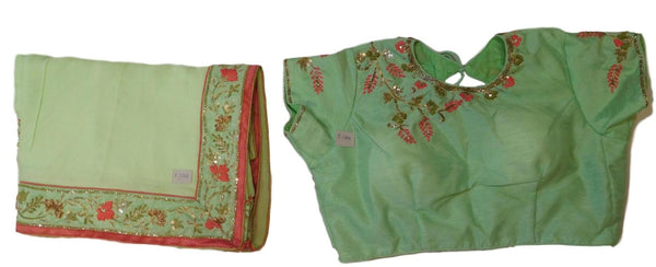 Green Designer Wedding Partywear Crepe (Chinon) Hand Embroidery Sequence Thread Bullion Cutdana Work Kolkata Saree Sari With Ready To Wear Stitched Blouse E184